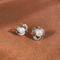 wholesale Retro Korean-style 925 silver natural freshwater 6A pearl rose flower earrings with 3D camellia design-0-0