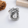 wholesale S925 Silver Retro Vintage Unique and Bold Dragon Playing with Pearl Creative Design Trendy Pearl Open Ring-0-5