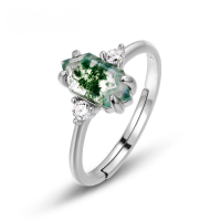 wholesale S925 silver cross-border drop shipping exclusive new hit product: moss green women's ring with water grass agate, elegant European and American style-Thick silver platinum US6# (opening adjustable)