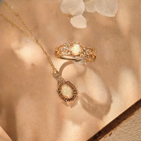 wholesale S925 Sterling Silver Plated with K Gold Japanese Light Luxury Opal Gemstone Ring and Necklace Set, High-End Jewelry-Wild naked link 925 silver