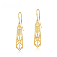 wholesale S925 Sterling Silver Geometric Vintage Pattern Hollow-Out Long Drop Earrings with Diamond Fashion Popular Silver Jewelry Wholesale-10K gold + swimming paint  925 silver
