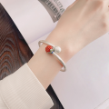 wholesale Sterling silver Yunchaoxuan S990 vintage matte antique craft with southern red floral bud design ethnic style adjustable bangle-0-2