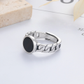 wholesale S925 Silver Fashion Korean Style Black Onyx Geometric Hollow-Out Chain Design Trendy Open Ring-0-2
