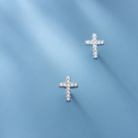 wholesale S925 Sterling Silver Fashionable Cross Design Diamond Inlaid Stud Earrings Korean Style Petite Sweet Earrings E9773-S925 silver pair 925 silver
