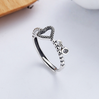 wholesale S925 silver vintage hollow-out heart-shaped zirconia fringe thin band adjustable index finger ring for women-YJ441/approx. 1.6g>Adjustable opening