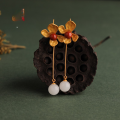 wholesale 925 silver gold-plated with certificate ancient style 10mm white jade beads long earrings with floral design and southern red agate-0-3