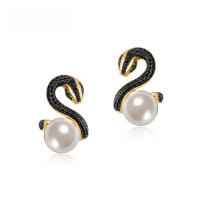 wholesale S925 Sterling Silver European & American New Style Cute Playful Serpent Earrings for Women, Fashionable and Unique with Shell Pearl, Dropshipping-10K gold + swimming paint  925 silver