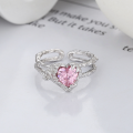 wholesale S925 Sterling Silver Double-Layer Textured Pink Diamond Heart Open Ring, Trendy and Light Luxury Korean Style Design Index Finger Ring-0-1