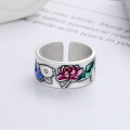 wholesale S990 Sterling Silver Drip Glaze Matte Craft Artistic Ethnic Style Koi Lotus Heart Sutra Adjustable Ring-0-1