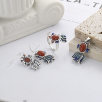 wholesale S925 Sterling Silver Elegant Chinese Style Exquisite Enamel Goldfish Inlaid with South Red Agate Ring, Earrings, and Pendant Set-919JM single pendant approx. 3g &gt; opening adjustable