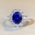 wholesale S925 Sterling Silver Oval Sapphire Ring for Women, Full Eternity Halo Style, Cross-Border Bestseller Direct from Manufacturer-0-0