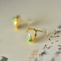 wholesale S925 Silver Inlaid with Hetian Jade Enamel Earrings, New Chinese Style Fashionable Jade Earrings, Small Bamboo Leaf and Bamboo Joint Ear Accessories-0-3