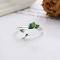 wholesale S925 Silver Cloud Tide Pavilion Japanese Korean Style Small Fresh Green Leaf Resin Energetic Forest Youthful Breath Adjustable Ring-0-3