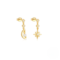 wholesale S925 Sterling Silver Asymmetrical Four-pointed Star Stud Earrings With Crystal Accents-Gold#1 925 Silver