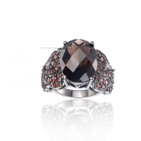 wholesale 18k Gold Plated 925 Sterling Silver Natural Tea Quartz Ring Retro Light Luxury Gemstone Ring Live Drop Shipping-Natural Smoky Quartz Ring US Size 10