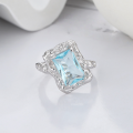 wholesale S925 Sterling Silver Foil Texture Ice Blue Square Zircon Open Ring Light Luxury Style Elegant Fashion Ring-0-1