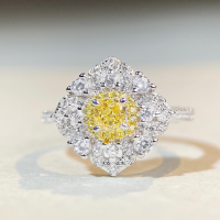 wholesale (S925 Sterling Silver) Yellow Diamond Ring for Women, Four-Prong Setting, Full Diamond Halo, Ice-Cut High-Carbon Diamond Zircon Ring-Yellow Diamond-CBJZ347>6