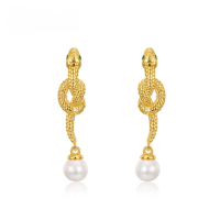 wholesale S925 Silver New European and American Fashion Snake-shaped Pearl Earrings for Women, Minimalist Long Drop Ear Studs Wholesale from Manufacturer-10K gold + swimming paint  925 silver
