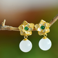 wholesale Gold-plated 925 Sterling Silver Flower with Inlaid Jade Ear Studs, Retro-style Elegant Hetian Jade Earrings-Gold 925 silver