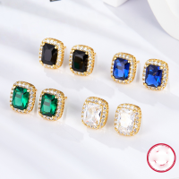 wholesale S925 Sterling Silver French Retro Vintage Luxury Square Zircon Earrings for Women, Small and Chic-Gold and black 925 silver