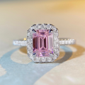 wholesale S925 Sterling Silver 2-Carat Pink Diamond Square Sugar Square Package High-End Colored Gem High Carbon Zirconia Ring Wholesale-0-0
