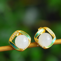 wholesale 925 Silver Gold-Plated Hetian Jade Earrings Vintage Ear Accessories Elegant and Luxurious High-End Natural Jade Earrings-Silver Enamel Hetian Jade Bead Earrings 925 Silver