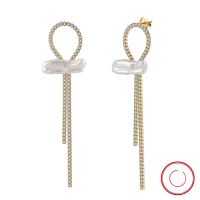 wholesale S925 Sterling Silver, 14K Gold Knotted Cultured Freshwater Pearl Tassel Earrings Factory Direct-14K gold, natural freshwater pearls, approximately 6.3g 925 silver