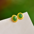 wholesale 925 Sterling Silver with Hetian Jade Inlaid New Chinese Palace Style Cabochon Jasper Stud Earrings for Women-0-5