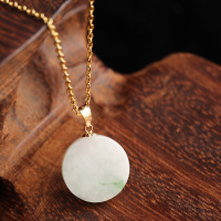 wholesale 18K Gold Certified Icy Mung Bean Jadeite Round Plain Pendant with Floating Floral Patterns, Simple and Minimalist Pi An Kou Amulet-Natural Jadeite Flower Pattern Delivery at Casual Dispenser 18K Gold Inlaid Jadeite Round Plate Pendant (Chain Not Included)