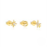 wholesale 925 Sterling Silver Star, Moon, Sun, Quatrefoil Ear Stud Set With Classic Zircon Accents, Pearls, And Versatile Ins Style-3-piece set Gold#2 925 silver