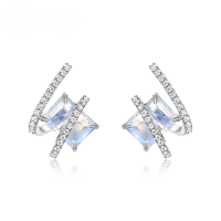 wholesale Metal S925 silver pin, geometric design earrings, small and minimalist fashion green sugar cube stud earrings for wholesale-Colorful Blue Moonlight 925 Silver