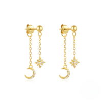 wholesale S925 Sterling Silver Geometric Star And Moon Earrings With Pearl, Zircon, And Fringe Chain-Gold#3 925 Silver