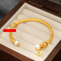 wholesale 925 Silver Plated with 24K Gold New Pearl Hollow Buckle Bracelet, Ancient Method Inherited Carved Open-End Bangle, Long-Lasting Color-pearl bracelet