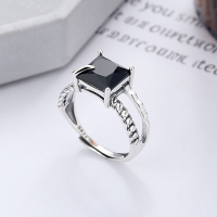wholesale S925 Sterling Silver Korean Style Ins Minimalist Square Black Zircon Cold Tone Design Open Adjustable Ring-YFJ500/approx. 2.5g Adjustable opening