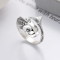 wholesale S925 silver retro artistic distressed national trend koi ancient style creative design fashionable versatile open ring-YJ977M/approx. 6g>Adjustable opening