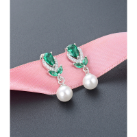 wholesale S925 Sterling Silver Floral Pearl Earrings for Women, Vintage French Style with Shell Pearls, Emerald Green Zircon Ear Accessories-003162-Emerald Green Earrings 925 Silver