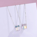 wholesale Sterling Silver Aurora Square Bow Necklace for Women, Korean Style Luxury Crystal Pendant-0-2