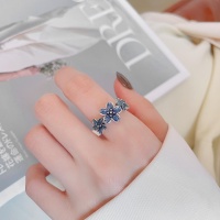 wholesale S925 sterling silver retro blue enamel flower ring, vintage-style index finger ring, fashionable and versatile-YFJ676/approx. 2.8g>Adjustable opening