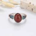 wholesale S925 Silver Retro Antique Style Cloud-Patterned Resin-Inlaid Southern Red Agate Cabochon Ethnic Design Adjustable Ring-0-4