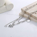 wholesale S925 Sterling Silver Korean Style Ins Double Layer Fringe Black and White Checkerboard Heart Collarbone Necklace Trendy Pendant-0-0