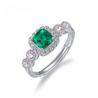 wholesale S925 Sterling Silver New Cultured Emerald Ring for Women, High-End European and American Style, Unique and Elegant, Wholesale-Thick silver platinum Adjustable opening