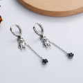 wholesale S925 Sterling Silver Korean Style Instagram Viral Bear Stud Earrings with Black Cubic Zirconia Inlay and Fringe Drop-0-1