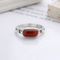 wholesale S925 Sterling Silver Retro Vintage Rectangular Red Agate Literary and Versatile Adjustable Open Ring-0-1