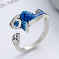wholesale S925 Sterling Silver Retro Ethnic Style Resin Enamel Lotus Pod Auspicious Koi Fish Meaningful Adjustable Ring-0-1