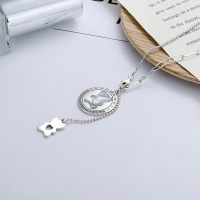 wholesale S925 Sterling Silver Korean-style Heart Bear White Mother-of-pearl Round Pendant with Interlocking Heart and Hollow-Out Bear Design Fringe Necklace-YFL242/approx. 9.8g>925 silver