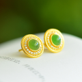 wholesale Gold-Plated 925 Silver Inlaid with Hetian Green Jade Semi-Circular Elegant Ear Studs, Minimalist Green Jade Earrings for Women-0-1