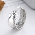 wholesale S925 Sterling Silver Retro Feather Design Open Adjustable Ring, Bold and Unique Unisex Trendy Finger Ring-0-1