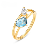 wholesale S925 Sterling Silver Gold-Plated Minimalist Geometric Topaz Ring for Women, Trendy Niche Jewelry Wholesale Customization-London Blue Topaz Adjustable opening