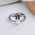 wholesale S925 Sterling Silver Vintage Retro Pearl Double-Layer Hollow-Out Floral Adjustable Ring for Elegant Ladies-0-1