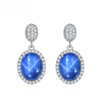 wholesale S925 Silver Cultivated Star Ruby and Sapphire Designer Earrings, Light Luxury Style Gemstone Ear Studs-Starlight Sapphire Earrings